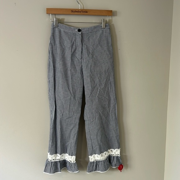 Maje Pitchy Cotton Gingham Ruffled Pants Navy Blue White Trouser Sz 34 XS NEW - Picture 3 of 11